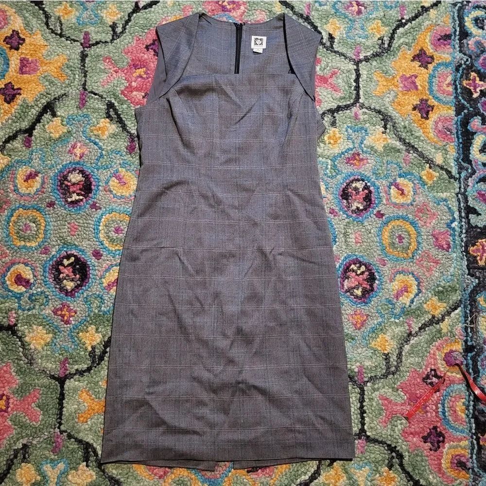 Anne Klein Sheath Dress Plaid Grey Square Neck Women's 4